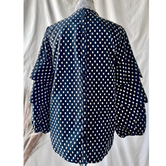 LOFT Petite Black and White Textured Ruffle Sleeve Cotton Blouse - Picture 2 of 7
